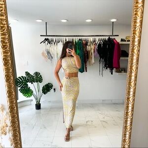 Yellow Patterned Women's Crop Top and Long Skirt Set